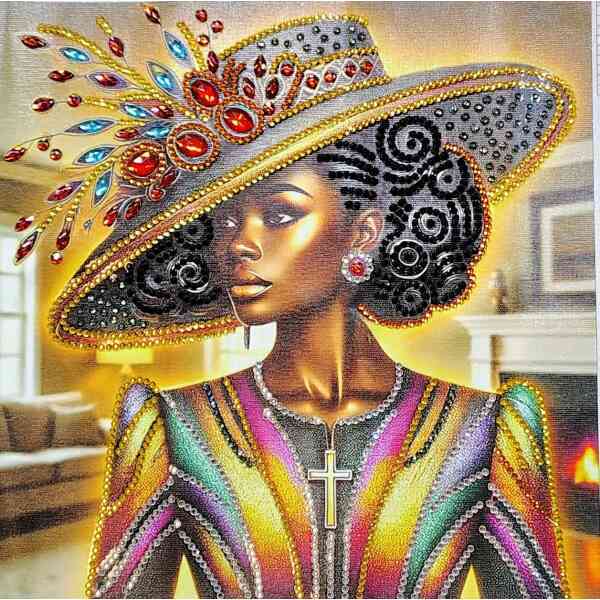 Elegant woman in colorful, bejeweled African-inspired attire with a large, ornate hat.