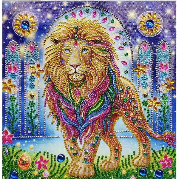 Golden jeweled lion with colorful gemstones, set against a vibrant, sparkling background with floral.