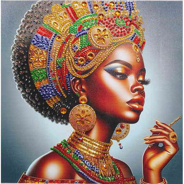 Elegant African woman adorned with vibrant traditional jewelry and headwrap, showcasing cultural bea.