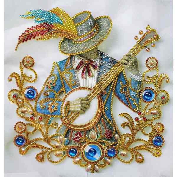 Decorative beaded artwork of a musician with a hat, guitar, and vibrant embellishments.