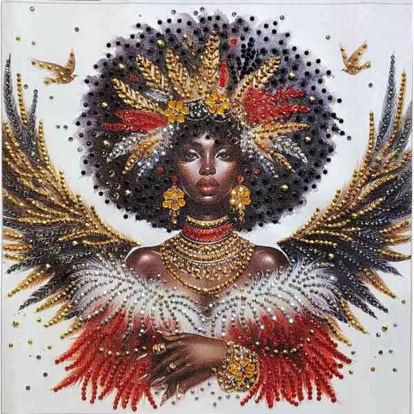 A colorful, elaborate portrait of a Black woman adorned with gold, red, and black feathers, jewelry,.