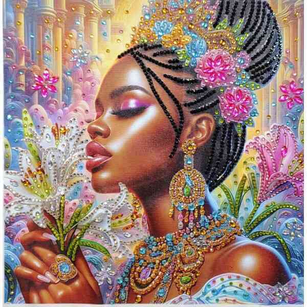 Elegant woman with intricate braids and colorful jewelry in a vibrant, fantasy-inspired setting.