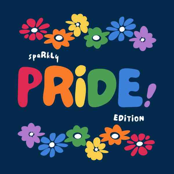 Bright colorful "Pride" text surrounded by vibrant flowers on a dark background, celebrating LGBTQ+.