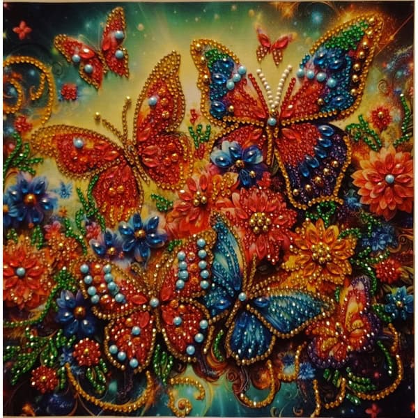 Brightly colored butterfly and floral artwork with intricate bead and jewel details.