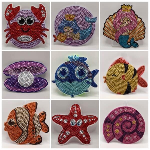 Brightly colored beaded sea creatures and ocean-themed designs, perfect for jewelry or decorative ac.