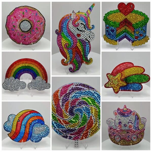 Donut-shaped beaded art piece with pink icing and sprinkles.