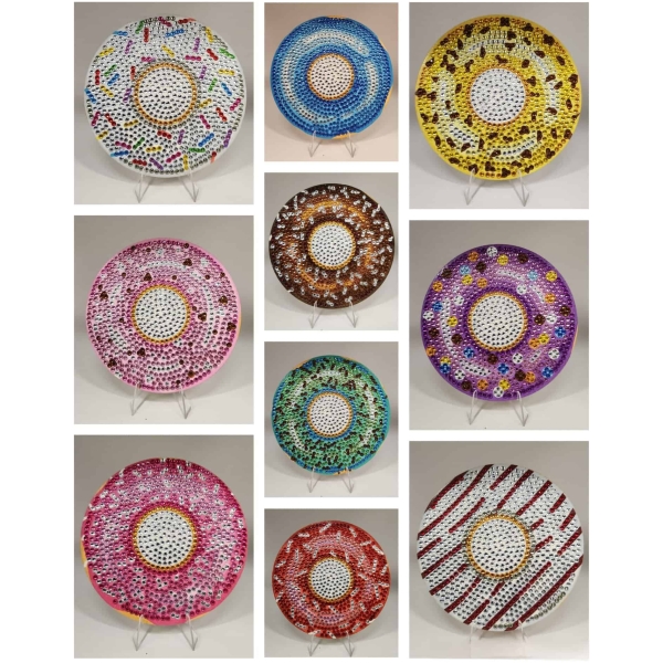 Colorful beaded mosaic art piece with circular design, showcasing vibrant patterns and textures.