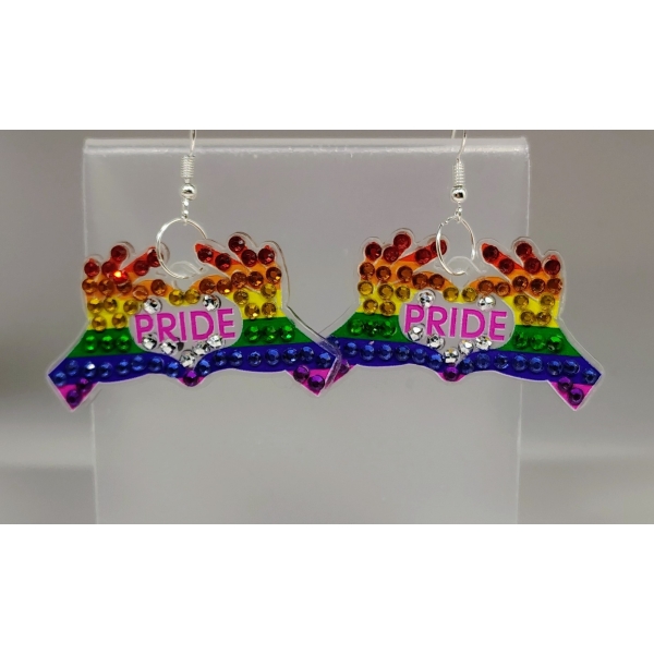 Rainbow Pride earrings with "PRIDE" text, celebrating LGBTQ+ diversity and inclusion.