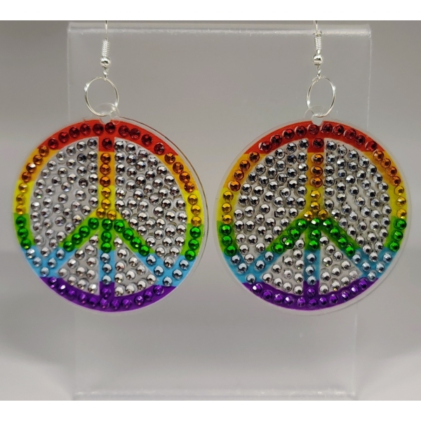 Colorful peace sign earrings with rainbow rhinestones, representing unity and diversity.