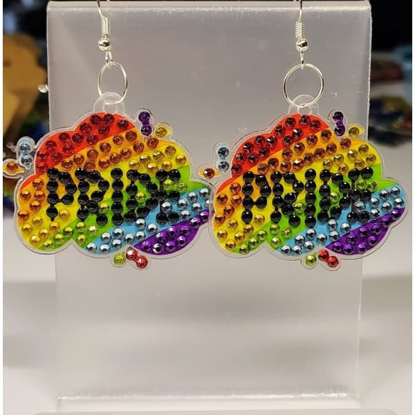 Bright rainbow cloud earrings with colorful rhinestones and "Black" text for celebrating Black cultu.