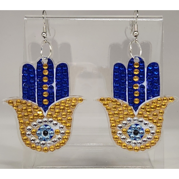 Bright blue and gold beaded earrings inspired by Hamsa symbols, featuring intricate eye designs for.