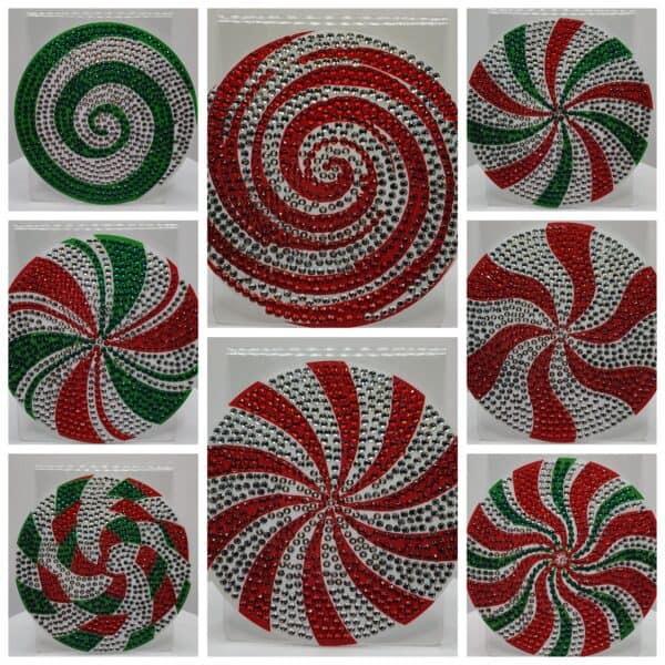 Green and red spiral beaded jewelry with festive holiday design, circular and intricate pattern.