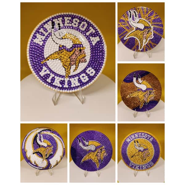 Brightly colored beaded artwork featuring the Minnesota Vikings logo with a purple, gold, and white.