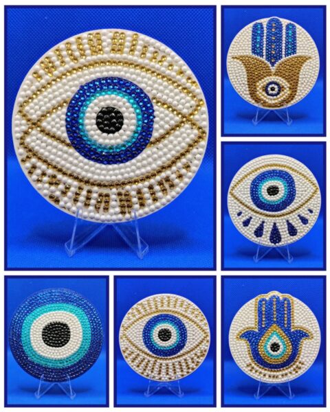 Protective Eye Bead Art with "Black Power" Message, Blue and Gold Colors.