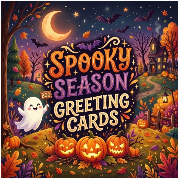 Spooky season greeting cards with pumpkins, ghosts, and Halloween scenery.