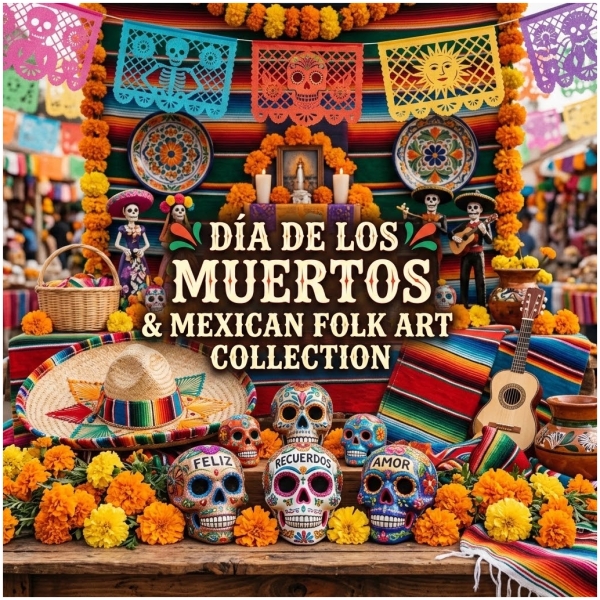 Colorful Día de los Muertos display with skulls, marigolds, and Mexican folk art.