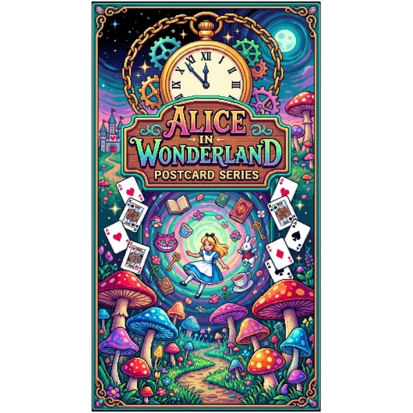 Colorful Alice in Wonderland postcard with whimsical mushrooms and playing cards.