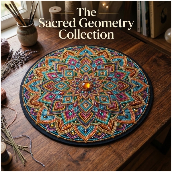 Colorful beaded mandala artwork on a wooden table with books and art supplies.