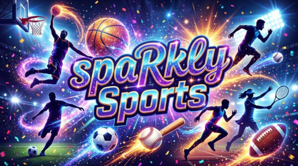 Colorful sports-themed graphic with athletes and various sports equipment.