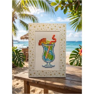 Colorful pixel art of a tropical drink in a glass with a straw on a beach.