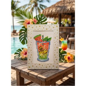 Colorful beaded cross-stitch of a tropical drink with a straw and umbrella.
