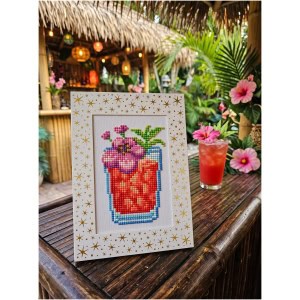 Decorative framed cross-stitch art of a potted plant with pink flowers.