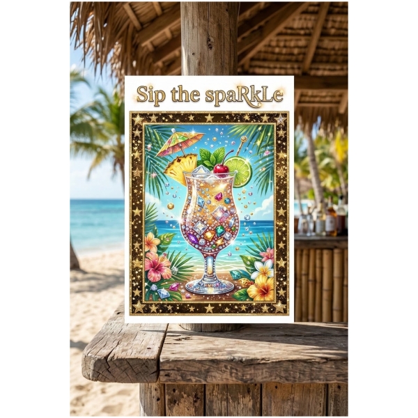 Colorful tropical cocktail poster with beach scene and tropical drinks.