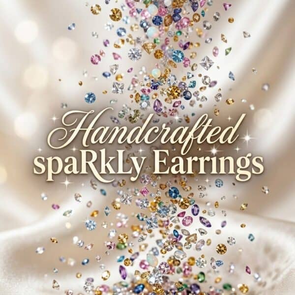 Handcrafted sparkling earrings with multicolored gems and elegant script label.