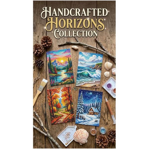 Handcrafted Horizons Collection artwork: vibrant landscape cards with mountains, trees, and waves.