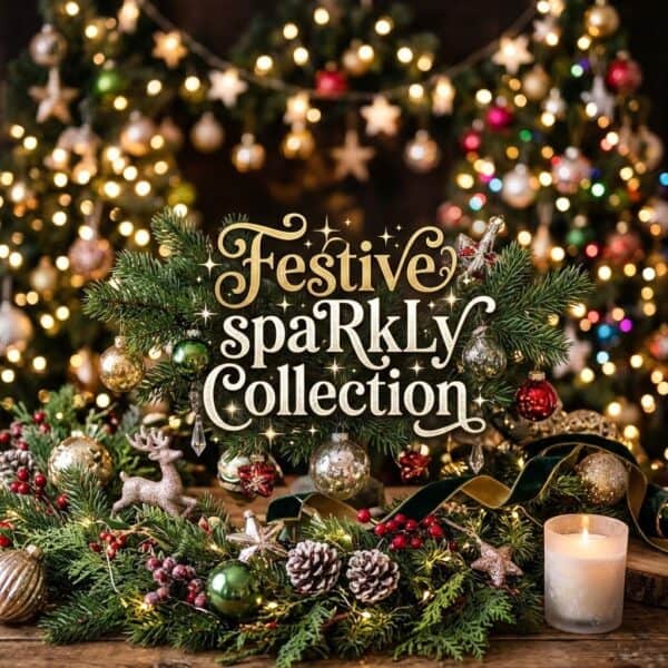 Festive Sparkly Collection with Christmas greenery and ornaments.