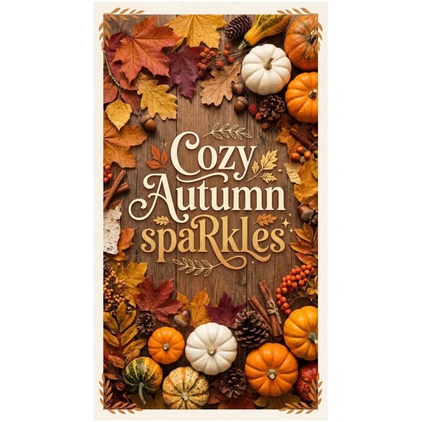 Cozy Autumn Sparkles image featuring pumpkins, fall leaves, and seasonal gourds.